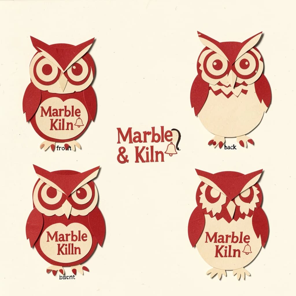 Cut-paper collage of the same bookstore owl mascot drawn in three views, captioned "front", "side" and "back", every view carrying the wordmark "Marble & Kiln" with a small bell outline beside it in the same red-and-cream coloring, only the angle changing.
