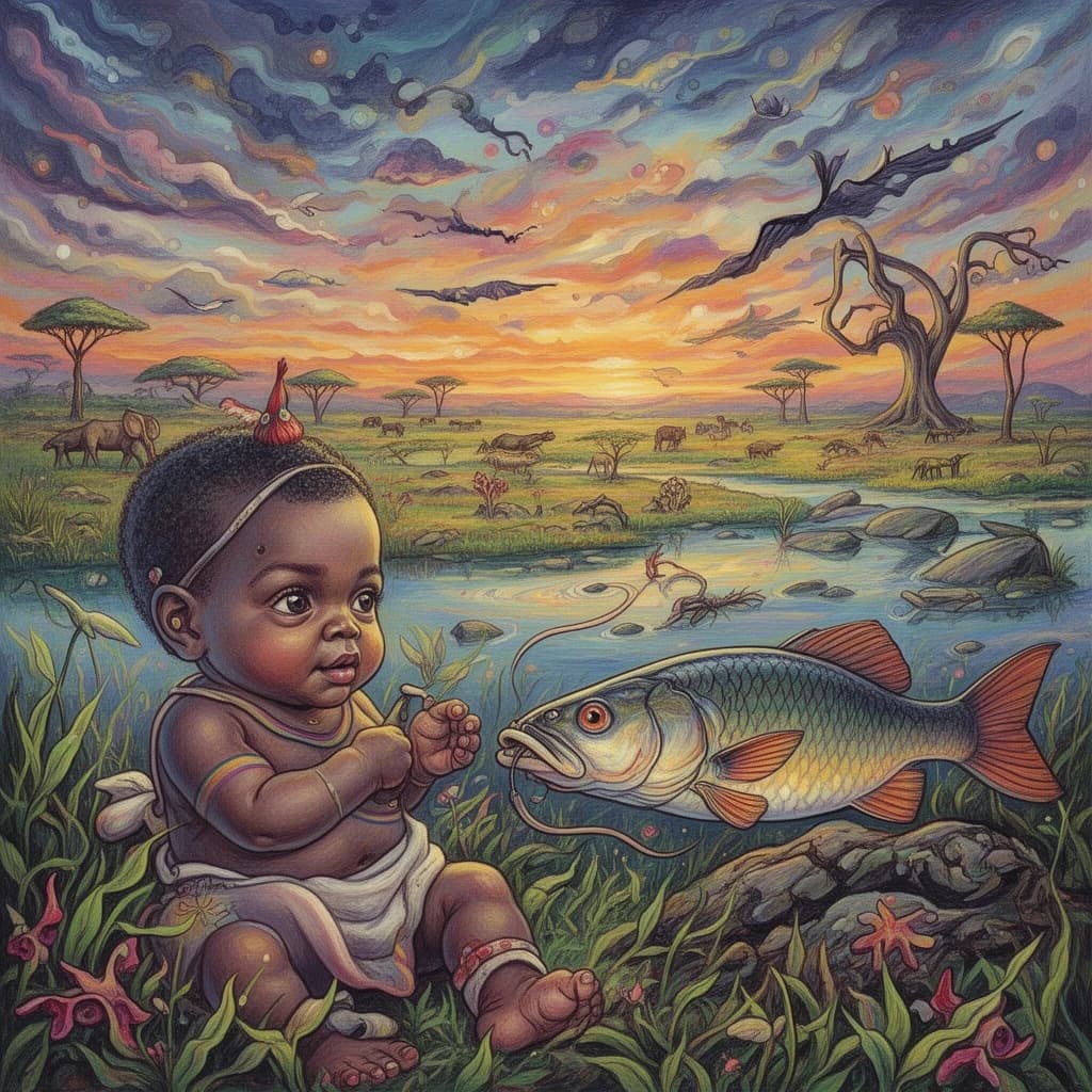 Baby and Garpike in Nairobi, Kenya in the style of surrealist
