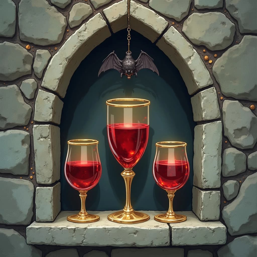 Gothic key-item illustration for a vampire card game: a stone niche with a pointed arch, three goblets on the ledge, the tall center one brimming with red wine, the two squat ones either side bone dry, and a bat hanging from the arch directly above the full goblet.