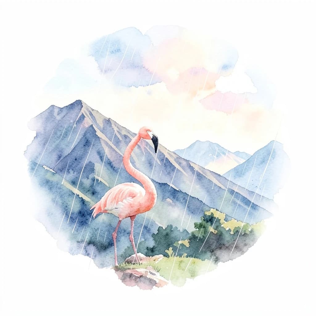 flamingo, mountain ridge, light rain, off-center framing with negative space, watercolor, soft edges