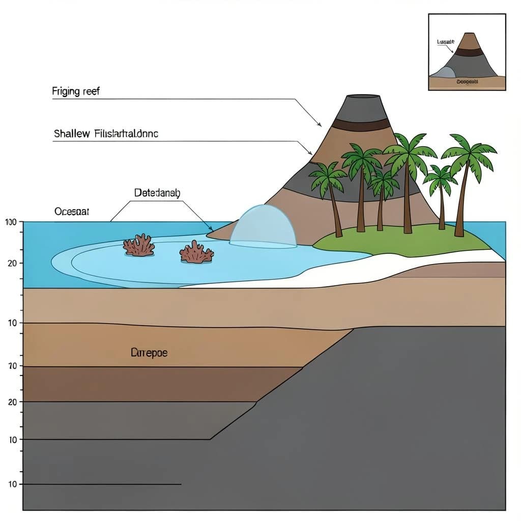 Cross section of a volcanic tropical island as a flat academic figure with clean colour blocks and a horizontal sea level line. Reading from the ocean on the left toward the right: a fringing reef crest, a shallow lagoon holding three coral heads, a white sand beach, a coconut palm belt of five trees, then a rising basalt cone with two lava layers picked out in darker grey, and a freshwater lens drawn as a pale blue dome under the middle of the island. Below sea level the flanks drop in three stepped terraces to a flat deep floor. Eight leader line labels, a depth scale down the left edge, and a small locator inset in the top right.