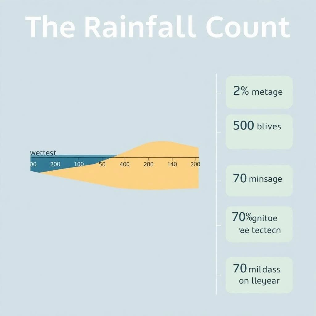 Printed poster titled "The Rainfall Count": at the center a twelve-month rainfall timeline, carrying three keyed regions, "Wettest" shaded dark blue, "Driest" shaded sand and "Average" shaded pale green, beside a right column of three stat chips reading "450mm in the wettest month", "20% above the ten-year mean" and "70 rain days last year".