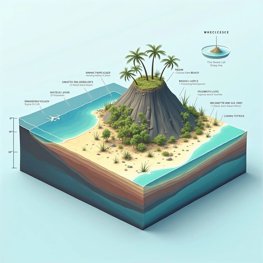 Cross section of a volcanic tropical island as a flat academic figure with clean colour blocks and a horizontal sea level line. Reading from the ocean on the left toward the right: a fringing reef crest, a shallow lagoon holding three coral heads, a white sand beach, a coconut palm belt of five trees, then a rising basalt cone with two lava layers picked out in darker grey, and a freshwater lens drawn as a pale blue dome under the middle of the island. Below sea level the flanks drop in three stepped terraces to a flat deep floor. Eight leader line labels, a depth scale down the left edge, and a small locator inset in the top right.