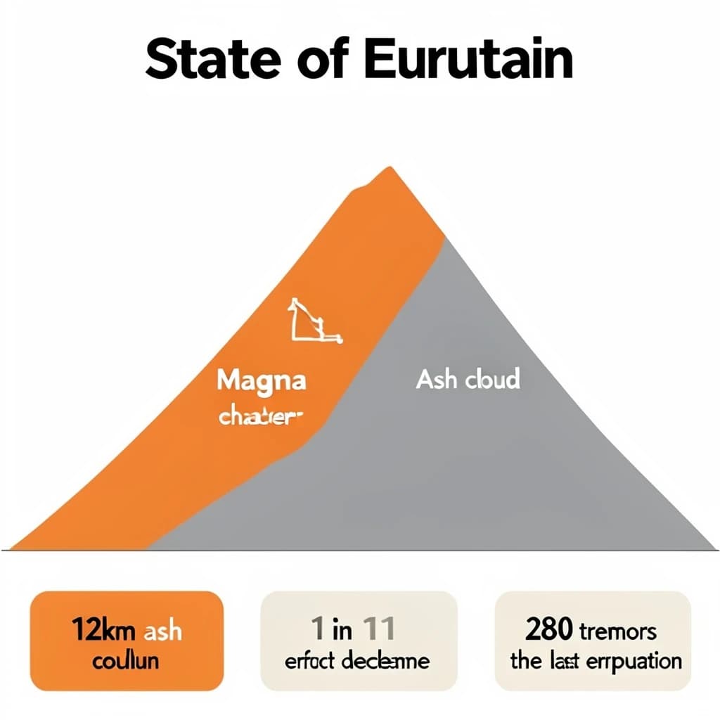 Flat infographic titled "State of Eruption". A simplified hazard map of the slopes sits at the center, carrying two keyed regions, "Magma chamber" shaded orange and "Ash cloud" shaded gray. Three stat chips run down a bottom row, reading "12km ash column", "1 in 11 erupt each decade" and "280 tremors before the last eruption". Each key color matches the shading of the region it names.