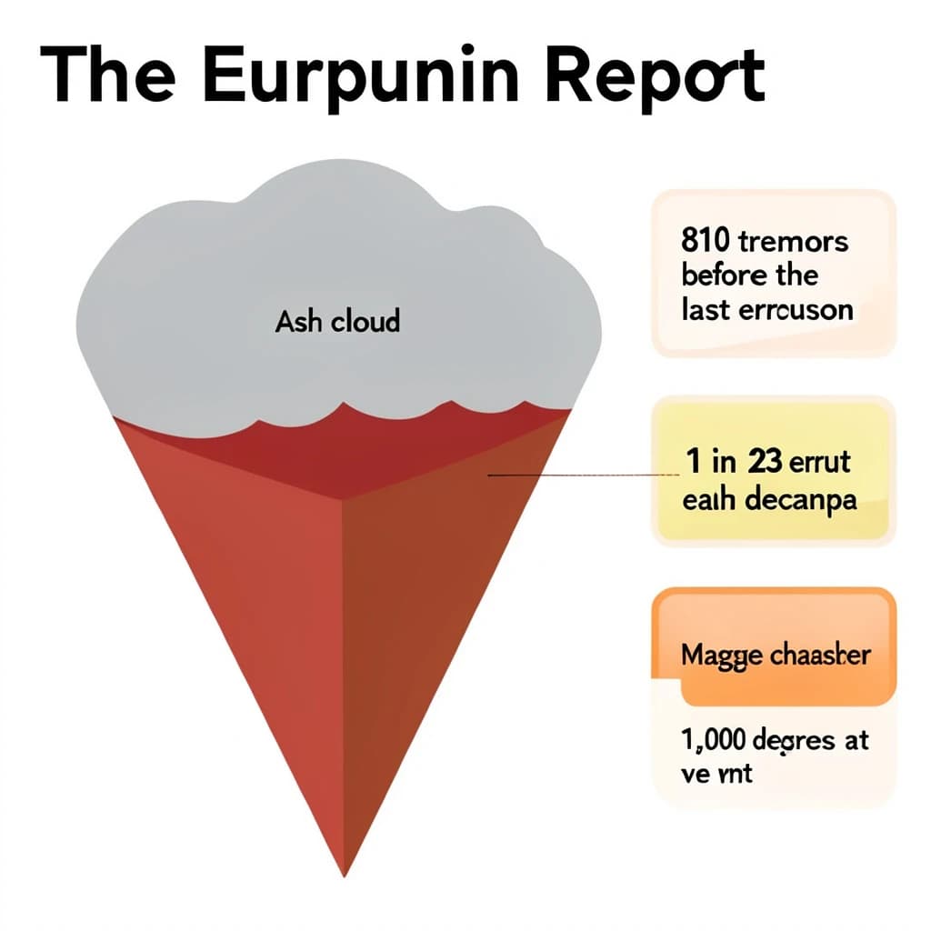 Flat vector illustration titled "The Eruption Report". A cutaway cone sits at the center, carrying three keyed regions, "Lava channel" shaded red, "Ash cloud" shaded gray and "Magma chamber" shaded orange. Three stat chips run down a right column, reading "810 tremors before the last eruption", "1 in 23 erupt each decade" and "1,000 degrees at the vent". Each key color matches the shading of the region it names.