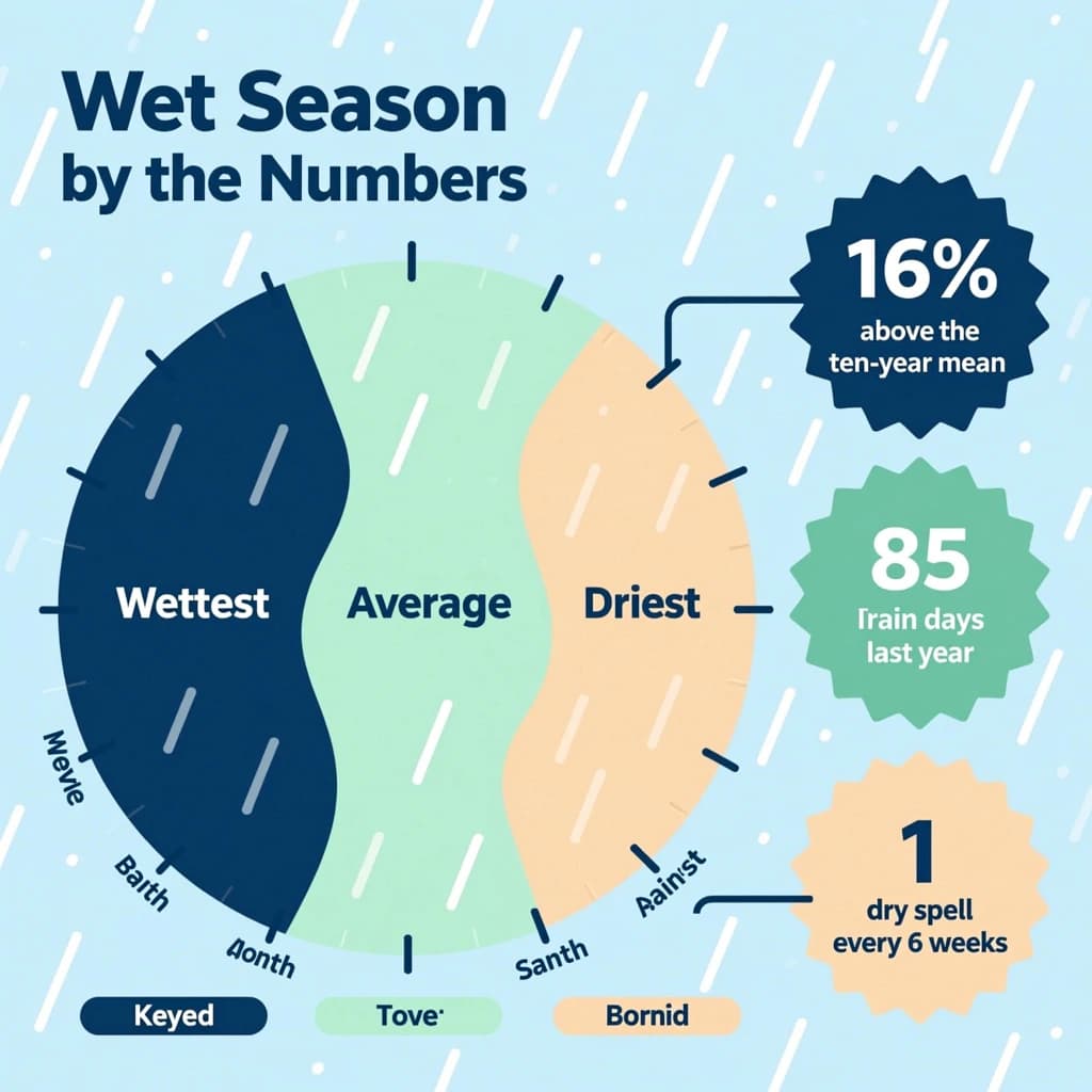Flat vector illustration titled "Wet Season by the Numbers". A twelve-month rainfall timeline sits at the center, carrying three keyed regions, "Wettest" shaded dark blue, "Average" shaded pale green and "Driest" shaded sand. Three stat chips run down a right column, reading "16% above the ten-year mean", "85 rain days last year" and "1 dry spell every 6 weeks". Each key color matches the shading of the region it names.