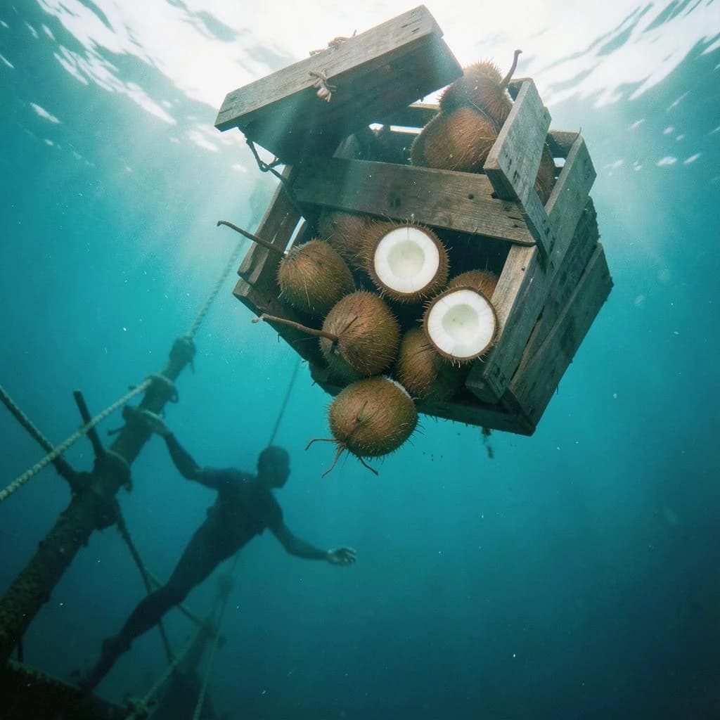 Underwater photography, film still from a castaway feature, shot from six metres down looking up toward the surface. A wooden crate has burst mid-sink: nine coconuts drift out of it, five still husked and pale brown, four split open and white, the split ones sinking faster than the whole ones. The crate hangs above them, lid half torn away, roped to a sunken mast that runs out of frame to the lower left. A swimmer silhouetted against the bright surface reaches down toward the nearest whole coconut, one fin missing. Blue green water column, sunbeams, drifting particles, natural light only.