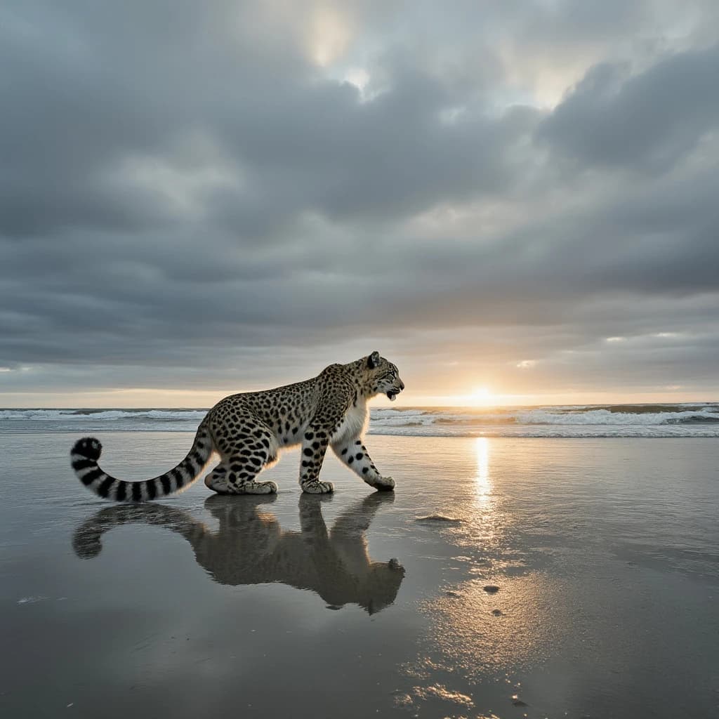 The pause when a snow leopard meets a low band of sun, on a windswept beach, under an overcast sky.