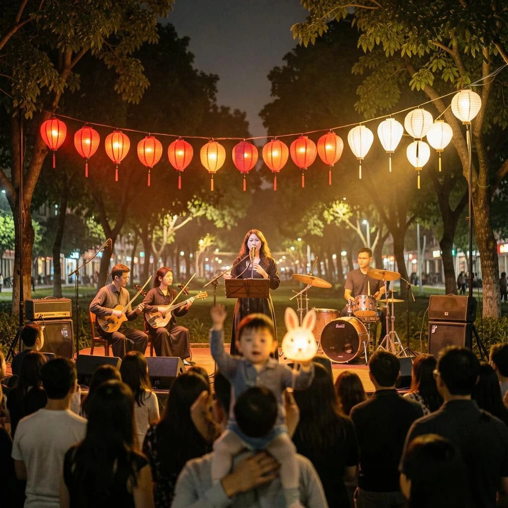 Concert photography, a Mid-Autumn Festival night in a Hong Kong park, shot from inside the crowd toward a low stage lit by warm floods. A singer at the centre microphone holds a note with both hands off the stand; on her left two erhu players sit side by side, on her right a single drummer stands. Eleven paper lanterns hang above the stage, the seven red ones strung in a line and the four white ones clustered at the right end. In the near foreground, out of focus, a child on a father's shoulders holds a rabbit lantern.