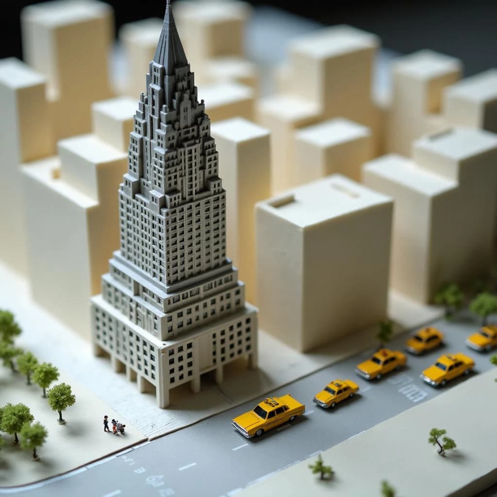 Tilt shift photograph of a hand built architectural scale model of a Midtown Manhattan block, studio lit from the upper left.
The Chrysler Building stands on the corner in polished silver card with its stepped crown and triangular windows. Directly across the street sits a proposed cream limestone tower, two floors shorter, topped by a stepped roof garden. Between them four smaller grey massing blocks in plain foam. Six tiny yellow cabs on the avenue, three stopped at the crossing and three queued behind, with a line of green model trees down the median.