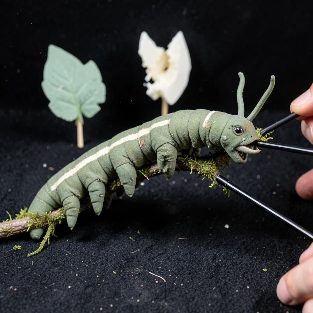 Macro photography of a practical effects test on a soundstage floor. A metre-long animatronic caterpillar puppet, dull green with a cream stripe, arched over a moss-covered branch: eight pairs of stubby legs, the front three pairs gripping the branch, the rest hanging free. Two thin black rods run out of frame to the right where a puppeteer's hands are just visible, and a third rod supports the head, which is turned toward camera with its mandibles open. Behind it, three sprayed foam leaves on stands, the middle one already chewed through. Hard key from above, black felt background, dust in the air.