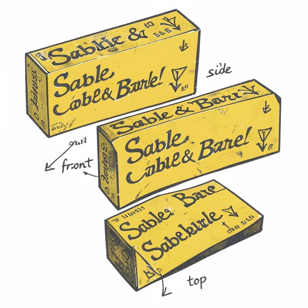 Linocut print: one board-game box in three views. The views are captioned "front", "side" and "top" in that order. The wordmark "Sable & Barrel" appears on every view with a small anchor mark beside it. The mustard-and-charcoal coloring is the same across every view, and only the angle changes.