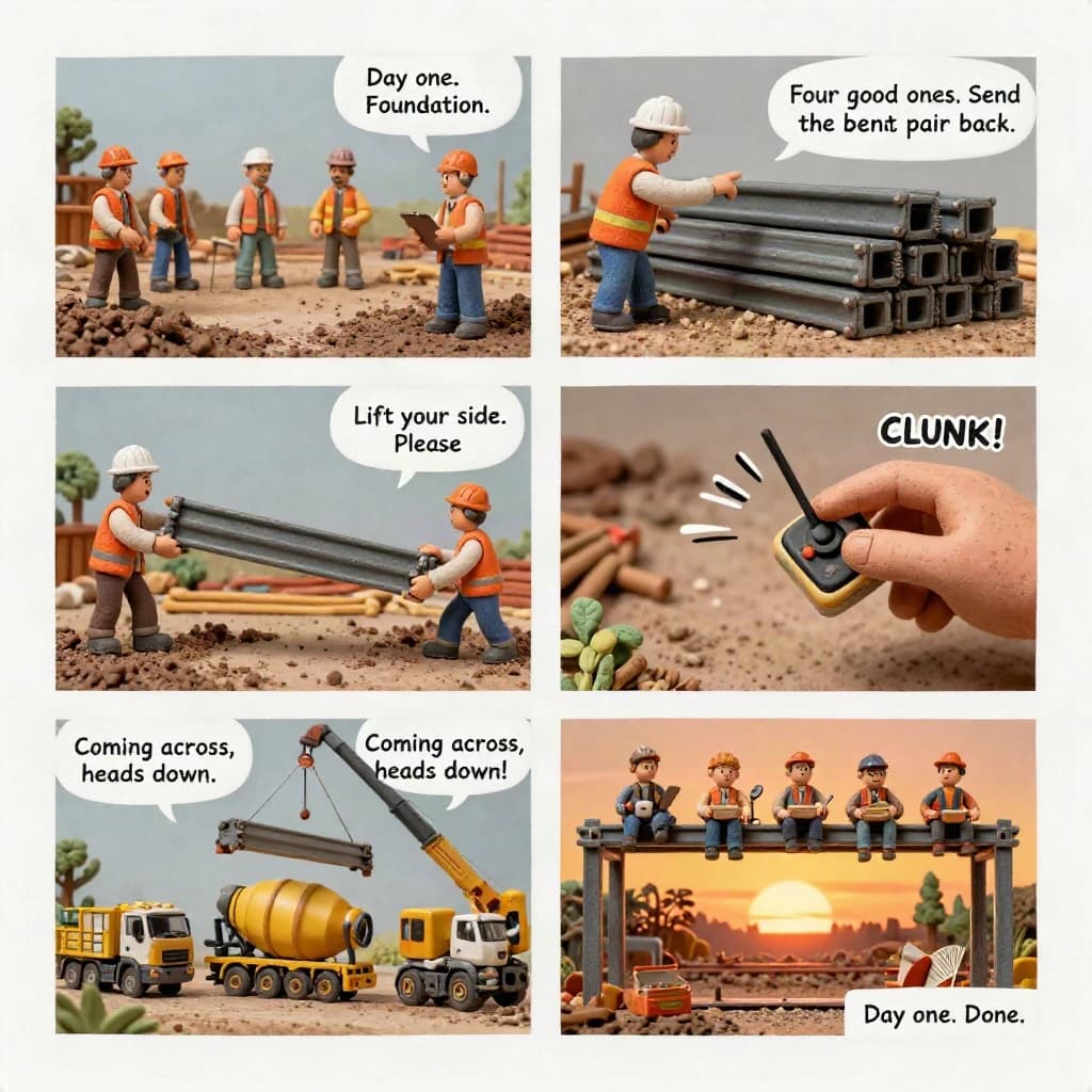 Six-panel comic page rendered as claymation stop-motion frames with fingerprint texture visible in the clay and uneven hand-cut gutters.
Panel 1: Wide muddy build site. Four clay construction workers in orange vests plus one in a white hard hat holding a clipboard. Caption: "Day one. Foundation."
Panel 2: The white hat points at a stack of six girders, two of them bent. Speech: "Four good ones. Send the bent pair back."
Panel 3: Two workers carry one girder between them, the shorter one's end sagging low. Speech from the shorter worker: "Lift your side. Please."
Panel 4: Close up of a clay thumb pressing the button on a tiny crane remote. Sound effect: "CLUNK".
Panel 5: The crane swings the girder over three parked mixer trucks, the middle truck empty and the two outer ones loaded. Speech from the crane cab: "Coming across, heads down."
Panel 6: The finished steel frame at sunset with five workers sitting in a row along the top beam, lunchboxes open, the clipboard now used as a fan. Caption: "Day one. Done."