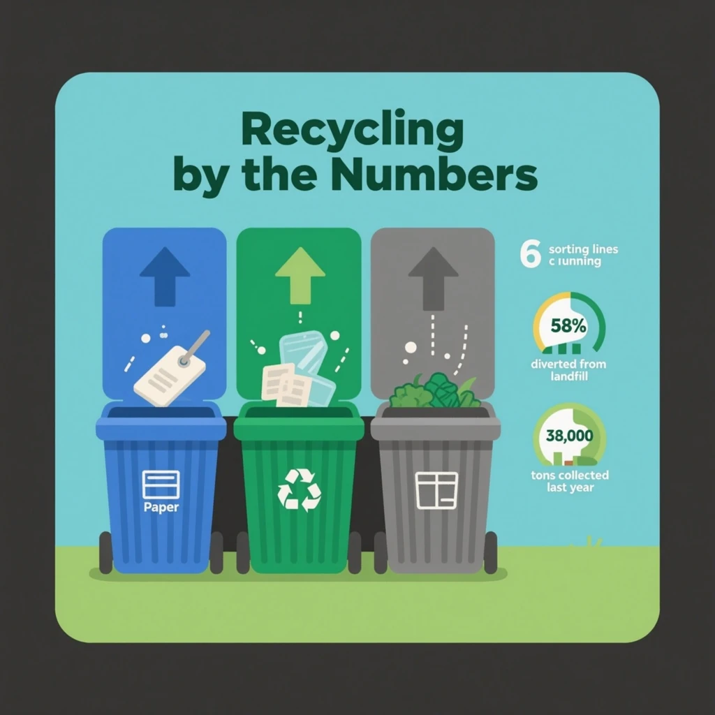Flat vector illustration titled "Recycling by the Numbers": at the center three sorting bins with arrows to their destinations, carrying three keyed regions, "Paper" shaded blue, "Glass" shaded green and "Landfill" shaded gray, beside a right column of three stat chips reading "6 sorting lines running", "58% diverted from landfill" and "38,000 tons collected last year".