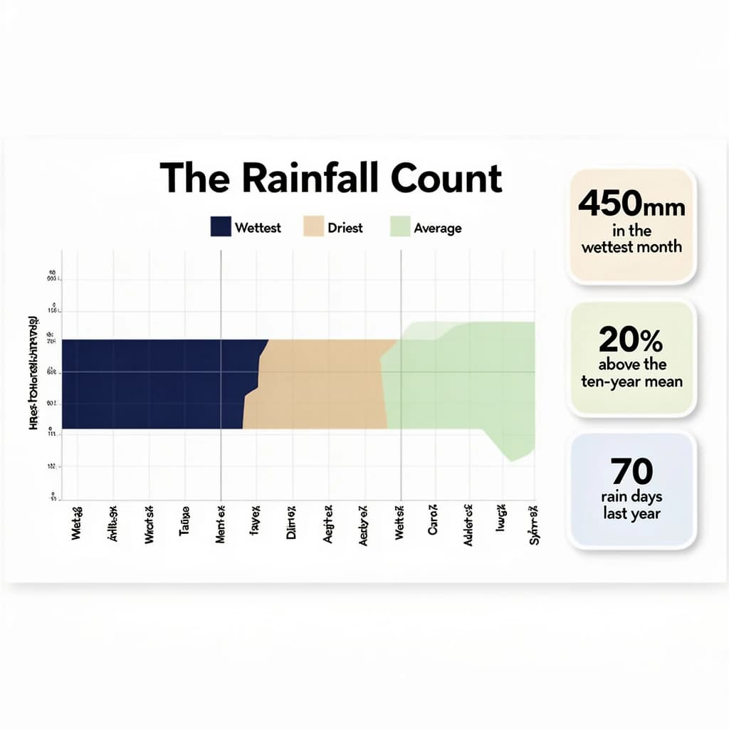 Printed poster titled "The Rainfall Count": at the center a twelve-month rainfall timeline, carrying three keyed regions, "Wettest" shaded dark blue, "Driest" shaded sand and "Average" shaded pale green, beside a right column of three stat chips reading "450mm in the wettest month", "20% above the ten-year mean" and "70 rain days last year".