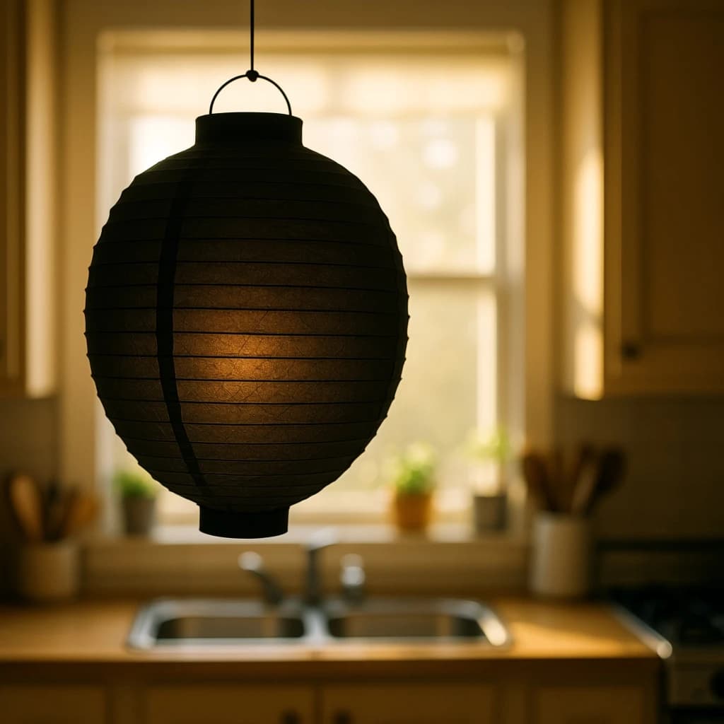 The still point when a paper lantern reads as a single dark silhouette, in a sunlit kitchen, under soft morning light.