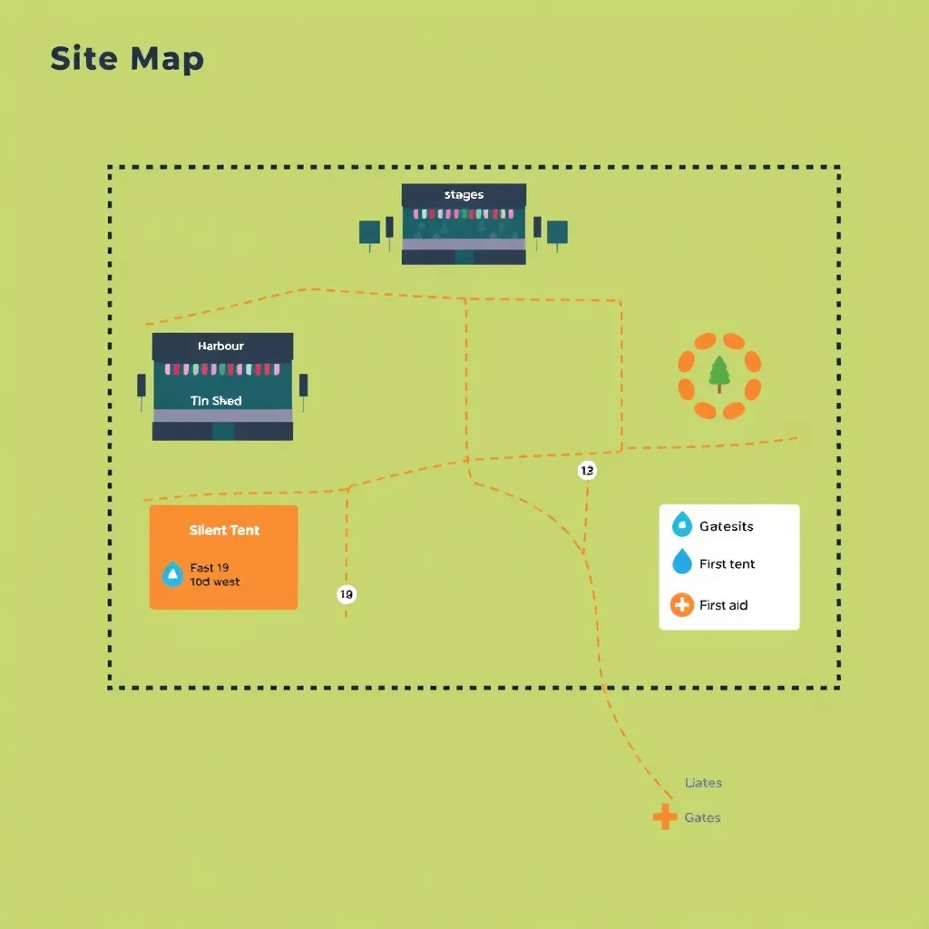 Festival site map in flat editorial infographic style, bird's eye, flat colour blocks on a sage green field inside a dotted perimeter fence.
Four stages: the main "Harbour Stage" along the north edge with a wide crowd shape in front of it, "Tin Shed" on the east, "The Orchard" on the west inside a cluster of round tree canopies, and a small circular "Silent Tent" at the south west corner with no crowd shape around it.
Two food streets run east to west between the stages, the northern one with nine numbered stalls and the southern one with six. Three water points marked by blue droplets sit one beside each of the first three stages. A single first aid cross sits where the two food streets meet the central path.
A gravel path loops the whole site as a dashed ochre line, with entrance gates on the south and east sides only.
A legend box in the lower right lists "Stages", "Food", "Water", "First aid" and "Gates", each with its own symbol. Title at the top left reads "Site Map, Saturday".