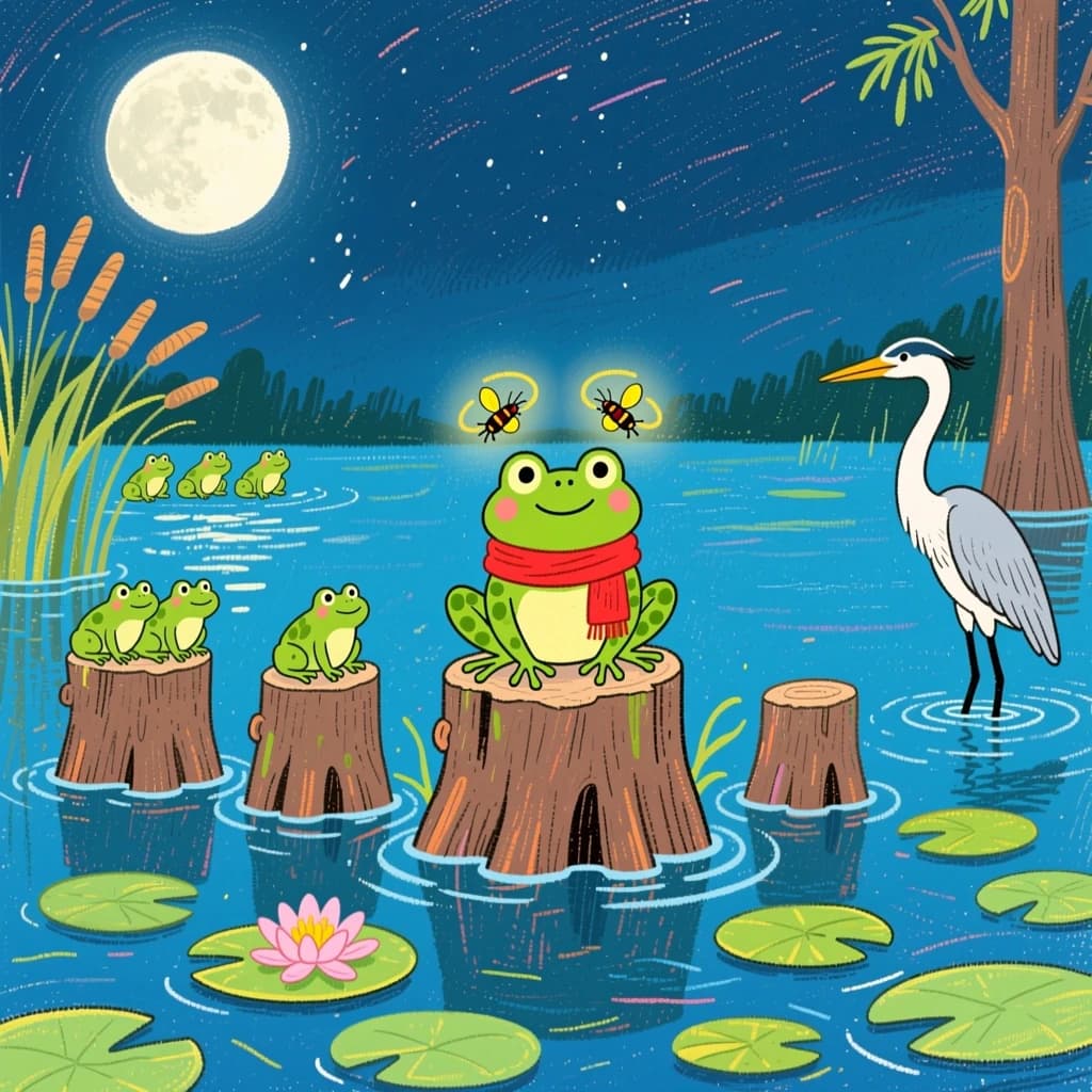 Story card in soft children's book illustration with crayon texture. A moonlit swamp with three cypress stumps in a row across the water. A small green frog in a red scarf sits on the middle stump. Two fireflies circle above his head while four more sit sleeping on the reeds to the left. A heron stands knee deep at the right edge, looking away from the frog. Nine lily pads float across the foreground, only one of them carrying a flower.