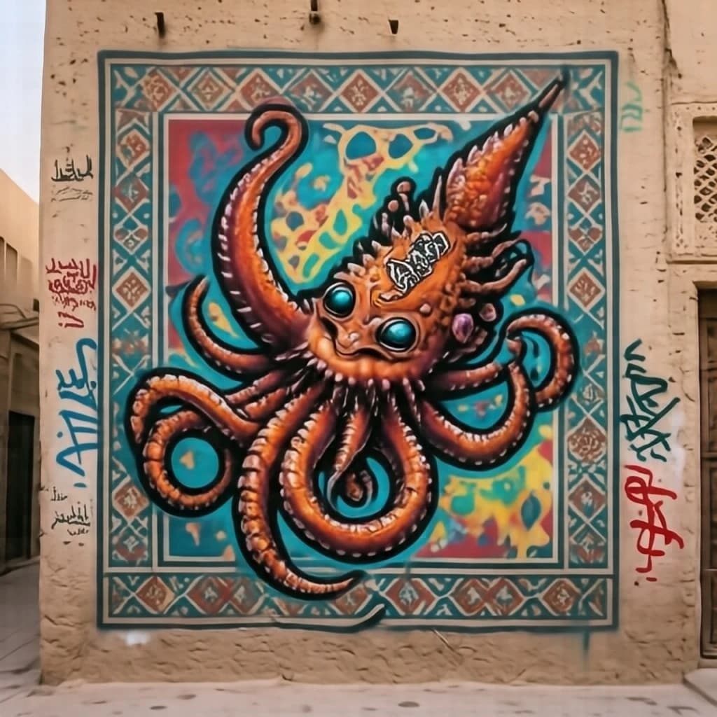 Cornetfish and Spiny Anteater in Riyadh, Saudi Arabia in the style of graffiti