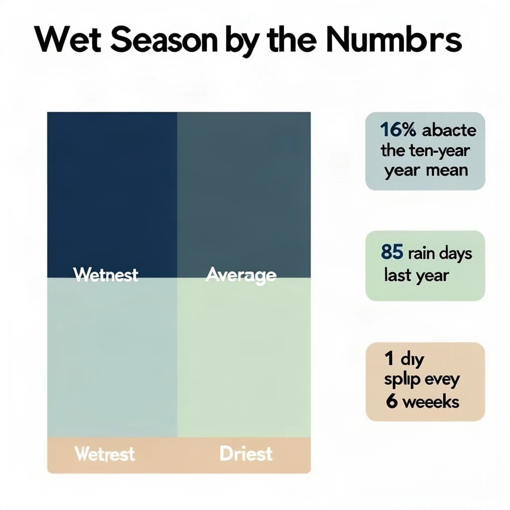 Flat vector illustration titled "Wet Season by the Numbers". A twelve-month rainfall timeline sits at the center, carrying three keyed regions, "Wettest" shaded dark blue, "Average" shaded pale green and "Driest" shaded sand. Three stat chips run down a right column, reading "16% above the ten-year mean", "85 rain days last year" and "1 dry spell every 6 weeks". Each key color matches the shading of the region it names.