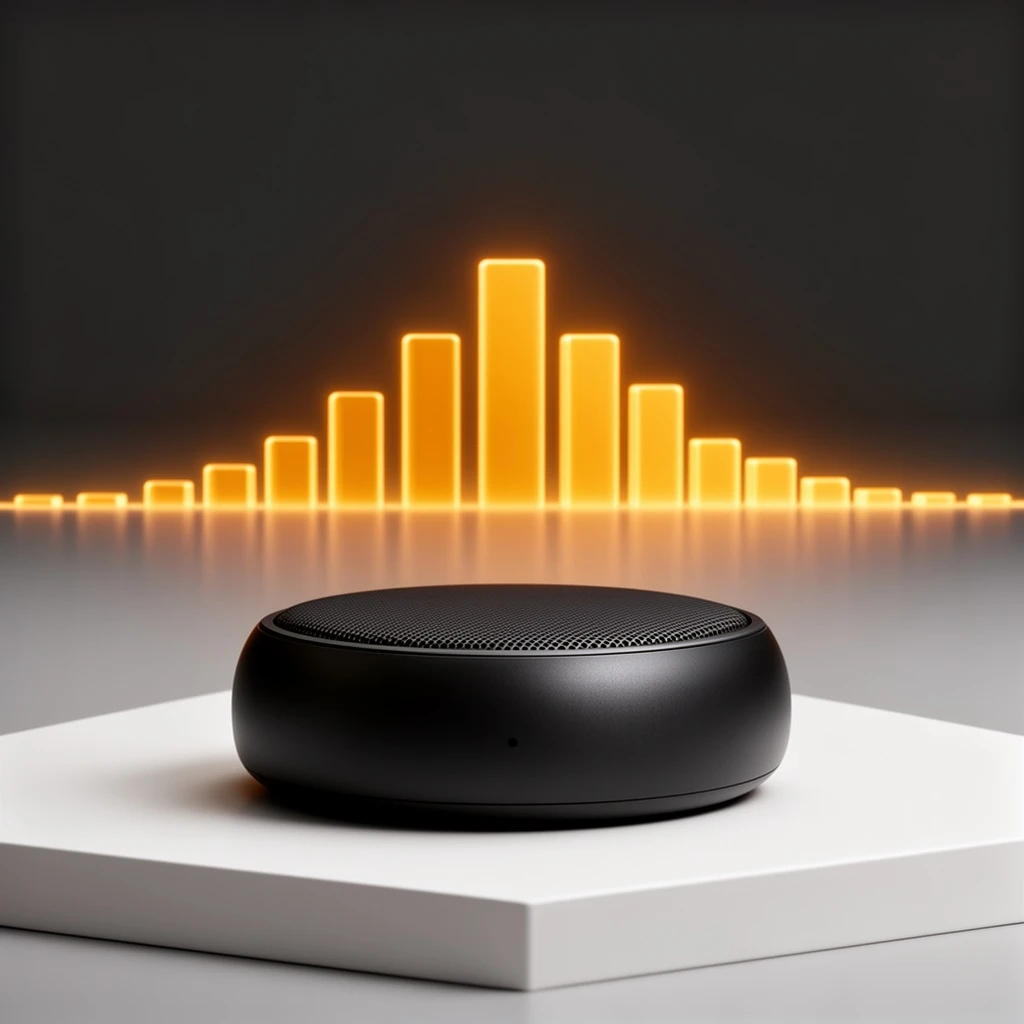Cinematic 3D render of a matte black speaker puck on a white plinth, with a sound waveform behind it built from fourteen glowing amber bars in a gentle curve, the three tallest centred directly behind the puck and the bars shortening evenly toward both ends.