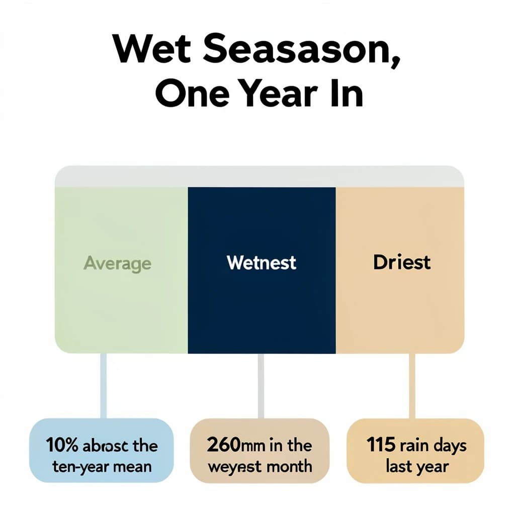 Flat vector illustration titled "Wet Season, One Year In". A twelve-month rainfall timeline sits at the center, carrying three keyed regions, "Average" shaded pale green, "Wettest" shaded dark blue and "Driest" shaded sand. Three stat chips run down a bottom row, reading "10% above the ten-year mean", "260mm in the wettest month" and "115 rain days last year". Each key color matches the shading of the region it names.