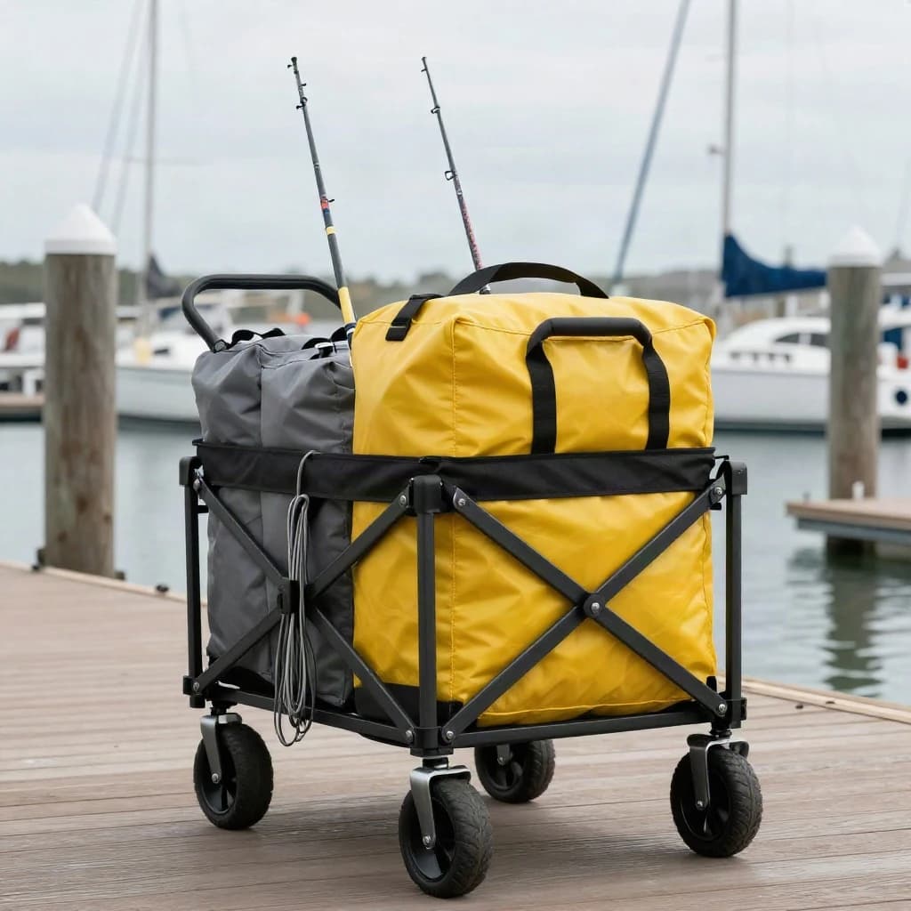 Lifestyle listing photo on a marina dock: a folding dock cart holding three dry bags, the largest yellow and the two smaller ones grey, two fishing rods leaning against the handle, and one coiled dock line hanging from the front rail. Masts blurred behind.
