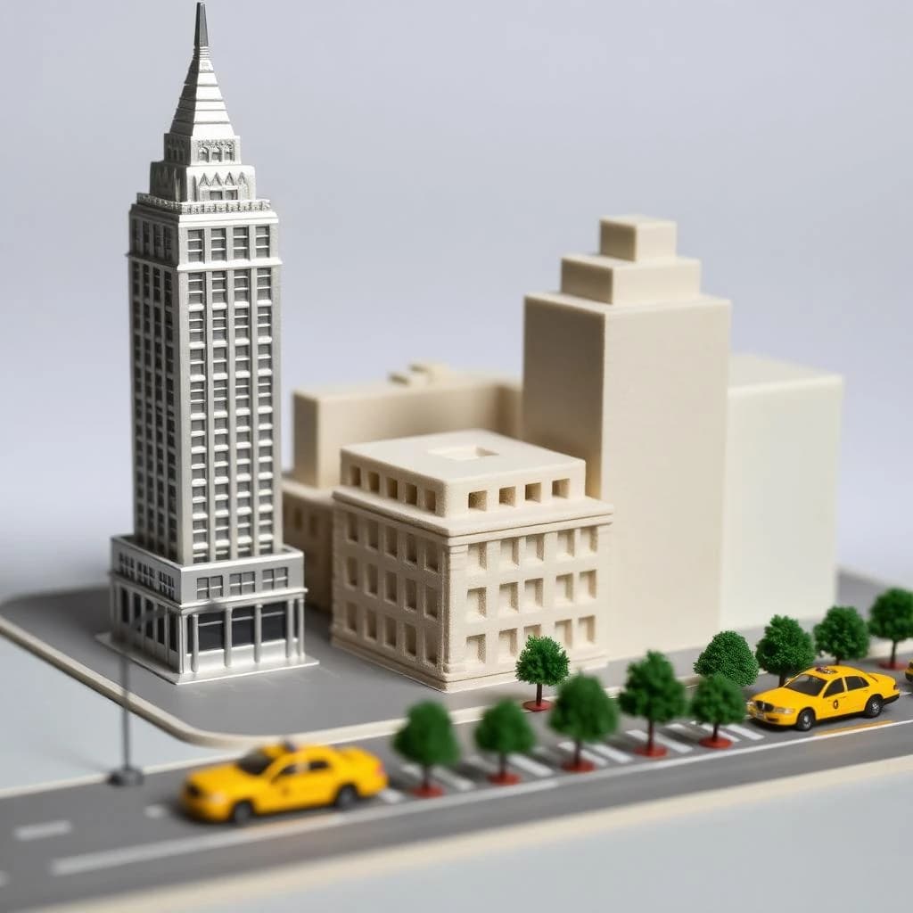 Tilt shift photograph of a hand built architectural scale model of a Midtown Manhattan block, studio lit from the upper left.
The Chrysler Building stands on the corner in polished silver card with its stepped crown and triangular windows. Directly across the street sits a proposed cream limestone tower, two floors shorter, topped by a stepped roof garden. Between them four smaller grey massing blocks in plain foam. Six tiny yellow cabs on the avenue, three stopped at the crossing and three queued behind, with a line of green model trees down the median.