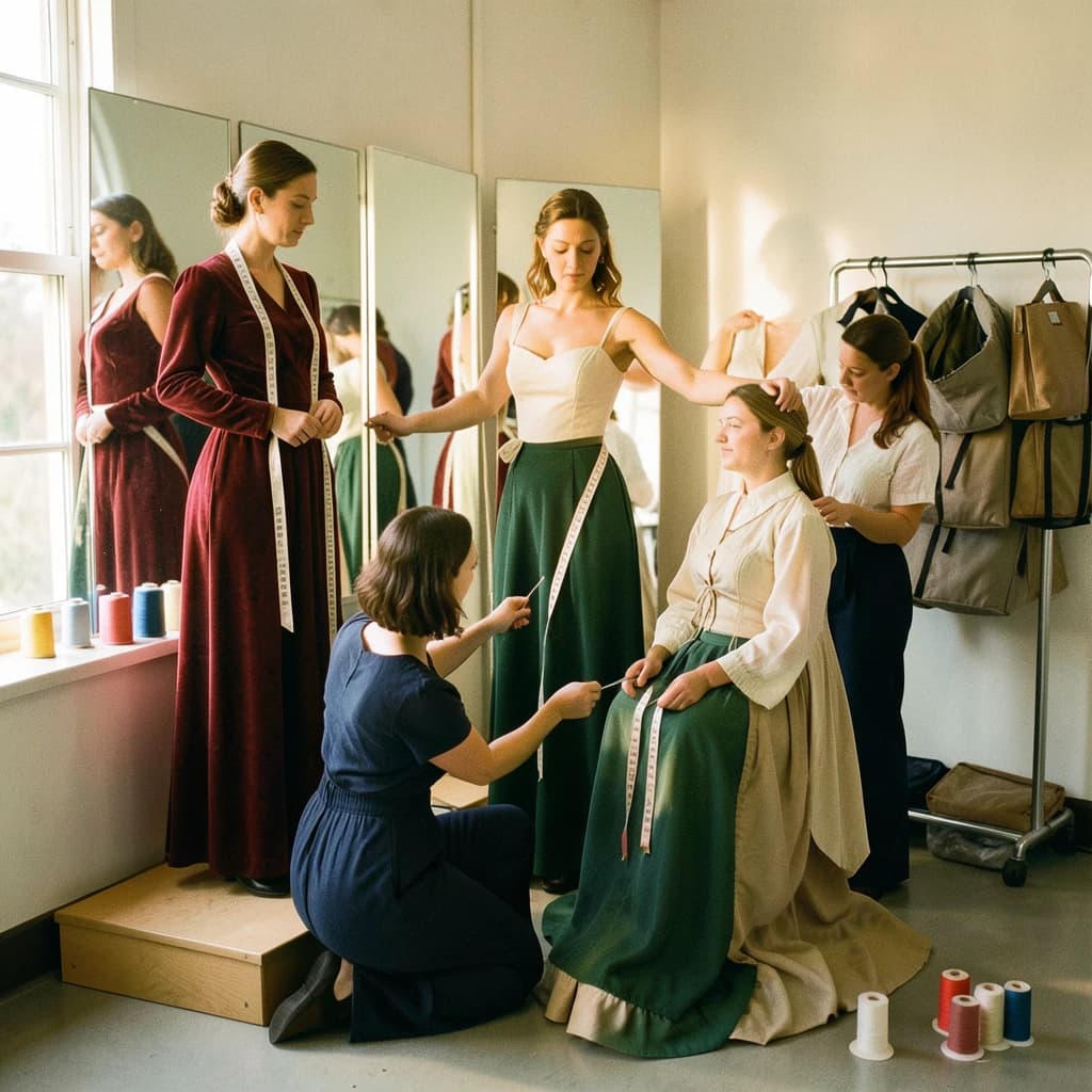 35mm film photograph, wardrobe fitting room, warm late afternoon window light and soft grain. Three actresses stand on low platforms in front of a three-panel mirror. The one in the red velvet gown has a cloth tape measure draped around her neck. A seamstress kneels beside the one in the green gown, measuring her hem with a second tape measure. The third actress, in an unfinished cream bodice, holds both arms out while another seamstress pins her sleeve. Six spools of thread line the windowsill, and only the two at the right end are unwound. A rolling rack behind them carries eight garment bags, one of them unzipped.