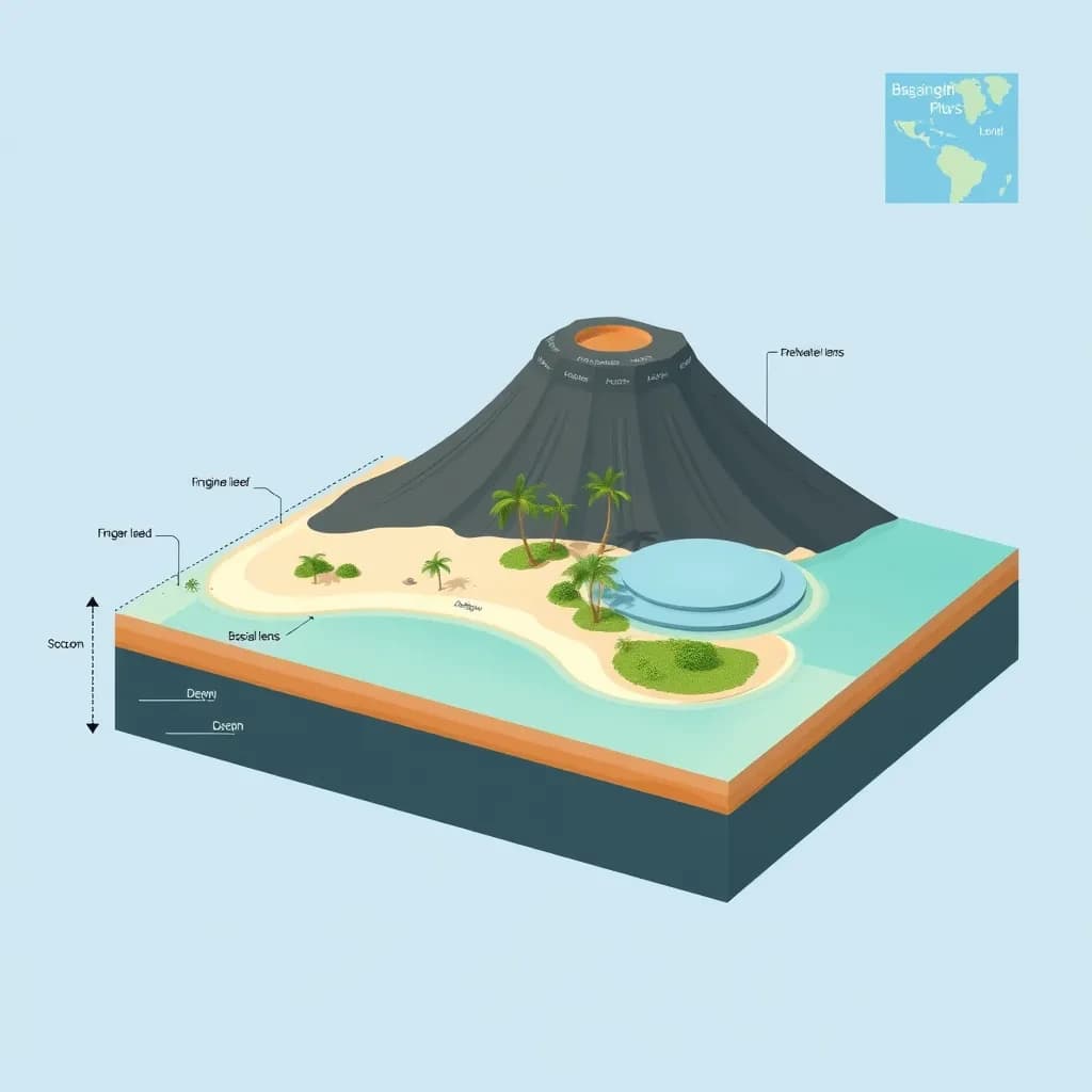 Cross section of a volcanic tropical island as a flat academic figure with clean colour blocks and a horizontal sea level line. Reading from the ocean on the left toward the right: a fringing reef crest, a shallow lagoon holding three coral heads, a white sand beach, a coconut palm belt of five trees, then a rising basalt cone with two lava layers picked out in darker grey, and a freshwater lens drawn as a pale blue dome under the middle of the island. Below sea level the flanks drop in three stepped terraces to a flat deep floor. Eight leader line labels, a depth scale down the left edge, and a small locator inset in the top right.