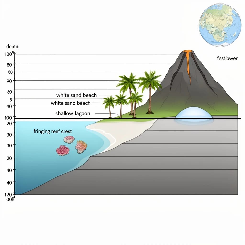 Cross section of a volcanic tropical island as a flat academic figure with clean colour blocks and a horizontal sea level line. Reading from the ocean on the left toward the right: a fringing reef crest, a shallow lagoon holding three coral heads, a white sand beach, a coconut palm belt of five trees, then a rising basalt cone with two lava layers picked out in darker grey, and a freshwater lens drawn as a pale blue dome under the middle of the island. Below sea level the flanks drop in three stepped terraces to a flat deep floor. Eight leader line labels, a depth scale down the left edge, and a small locator inset in the top right.