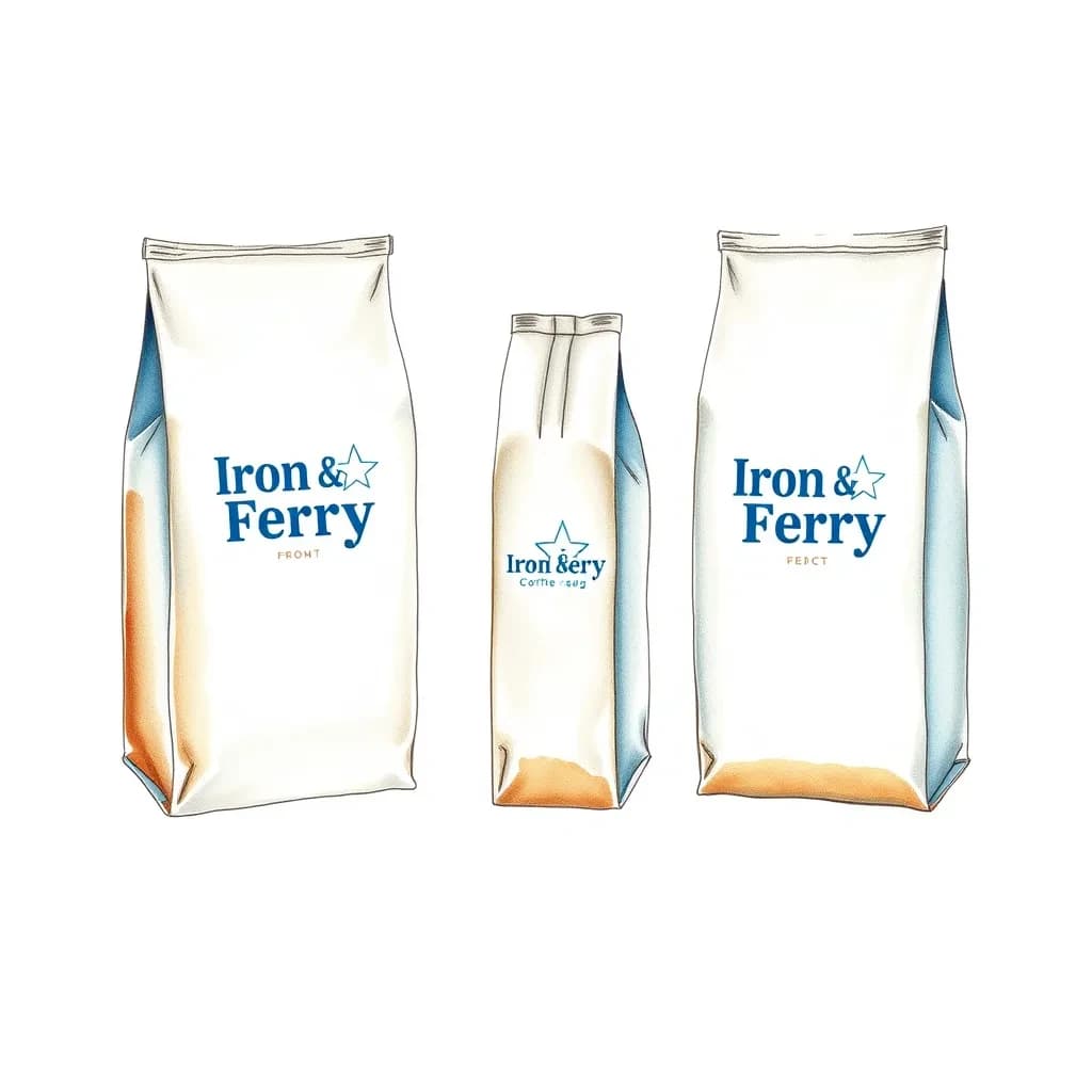 Watercolor of the same coffee bag drawn in three views, captioned "front", "side" and "back", every view carrying the wordmark "Iron & Ferry" with a five-point star outline beside it in the same blue-and-silver coloring, only the angle changing.