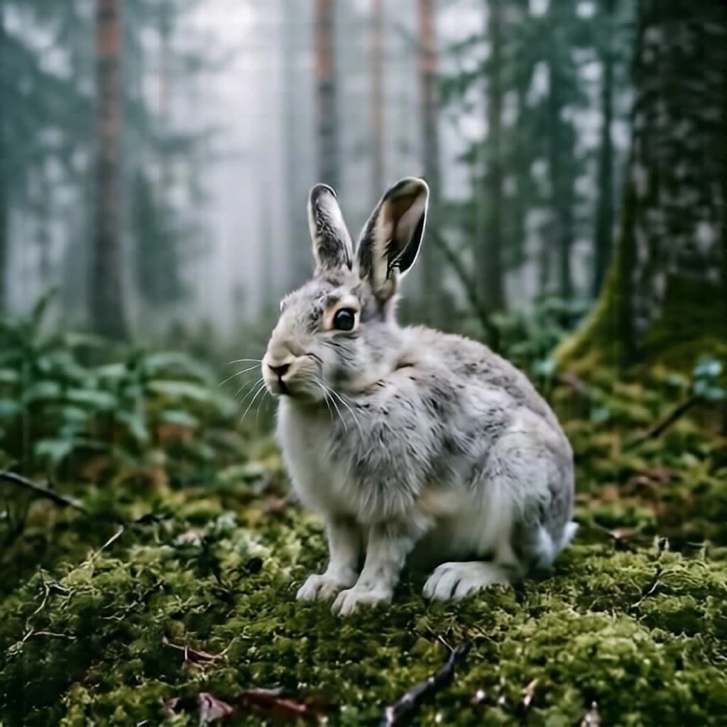 The brief instant when an arctic hare wears a faint coat of dust, on a mossy forest floor, in low-lying fog.