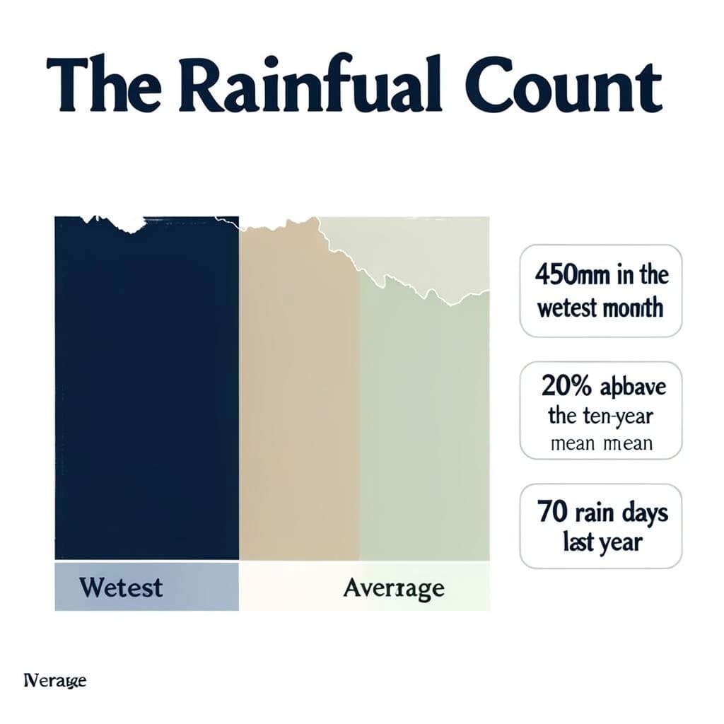 Printed poster titled "The Rainfall Count": at the center a twelve-month rainfall timeline, carrying three keyed regions, "Wettest" shaded dark blue, "Driest" shaded sand and "Average" shaded pale green, beside a right column of three stat chips reading "450mm in the wettest month", "20% above the ten-year mean" and "70 rain days last year".