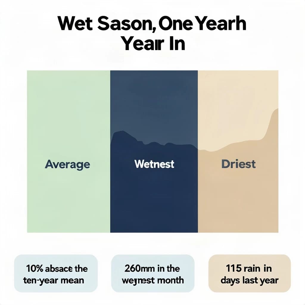 Flat vector illustration titled "Wet Season, One Year In". A twelve-month rainfall timeline sits at the center, carrying three keyed regions, "Average" shaded pale green, "Wettest" shaded dark blue and "Driest" shaded sand. Three stat chips run down a bottom row, reading "10% above the ten-year mean", "260mm in the wettest month" and "115 rain days last year". Each key color matches the shading of the region it names.