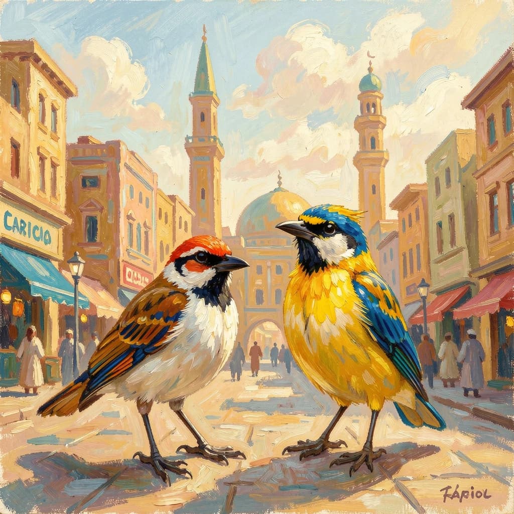 Scrub-Bird and Yellowtail in Cairo, Egypt in the style of impressionist