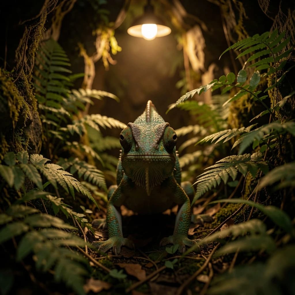 A chameleon half in shadow in a fern-filled ravine, under warm lamplight, symmetrical head-on framing, soft-focus portrait photography style.