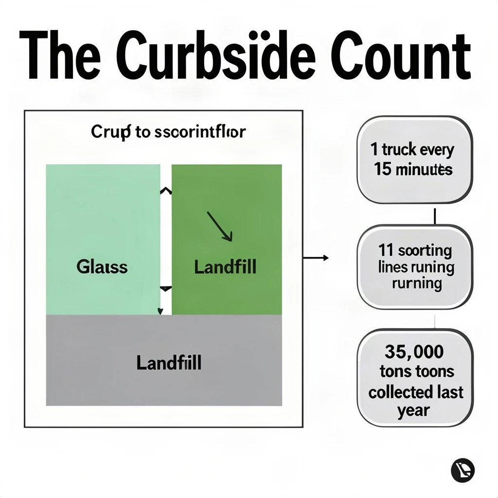 Printed poster titled "The Curbside Count": at the center a flow chart from curb to sorting floor, carrying two keyed regions, "Glass" shaded green and "Landfill" shaded gray, beside a right column of three stat chips reading "1 truck every 15 minutes", "11 sorting lines running" and "35,000 tons collected last year".