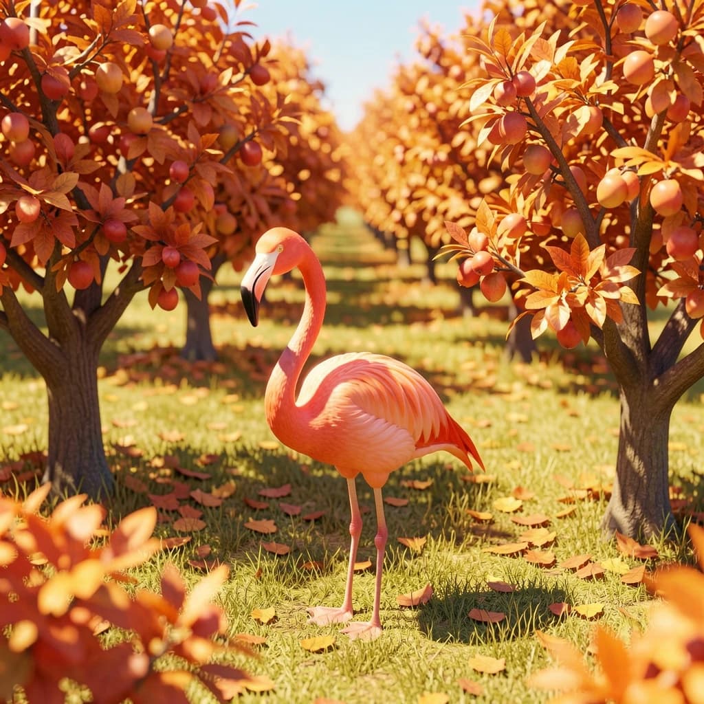 flamingo, autumn orchard, bright midday sun, telephoto compression, isometric 3D, subtle texture