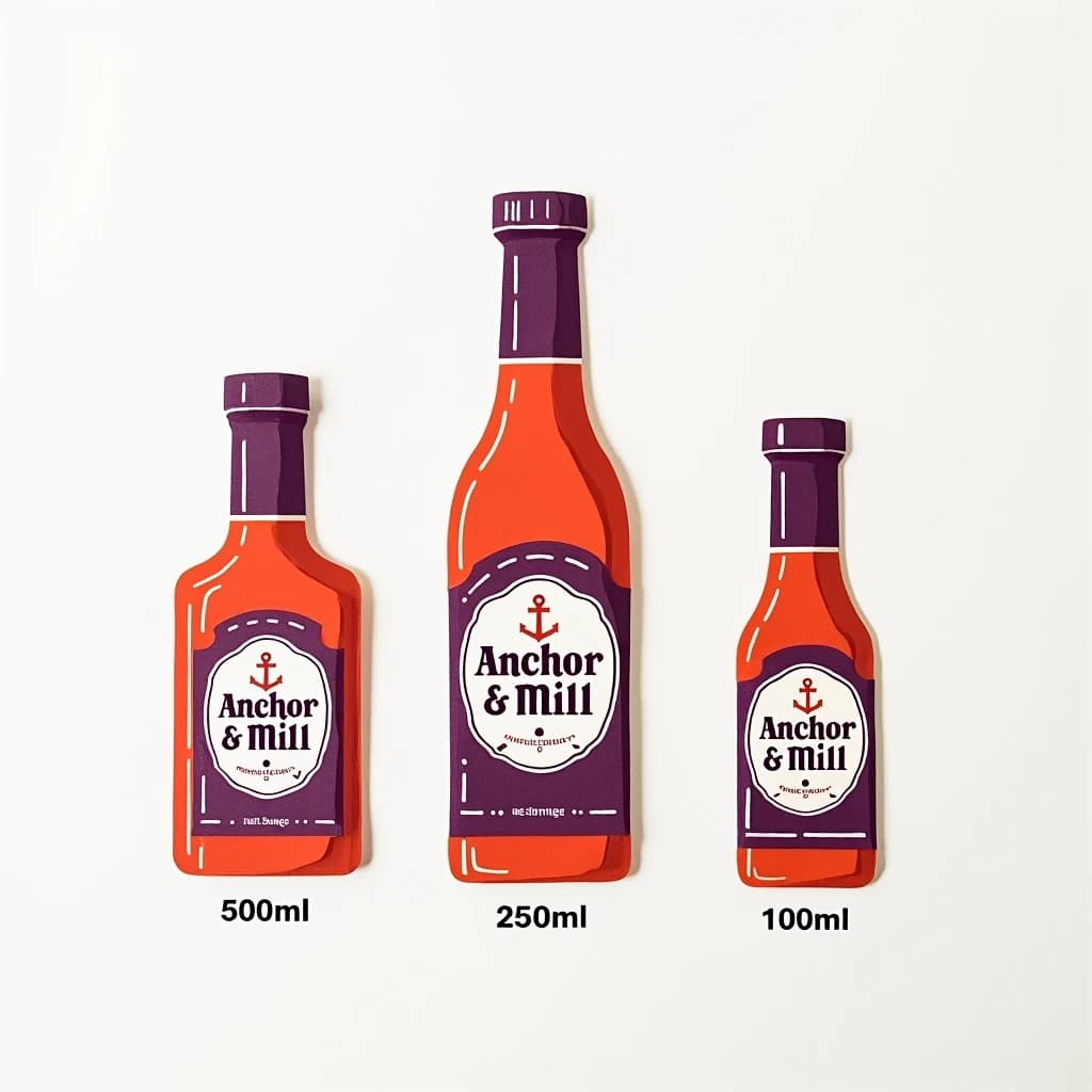 Cut-paper collage of the same hot-sauce bottle drawn in three sizes, captioned "500ml", "250ml" and "100ml", every size carrying the wordmark "Anchor & Mill" with a six-tooth gear mark beside it in the same purple-and-white coloring, only the bottle size changing.