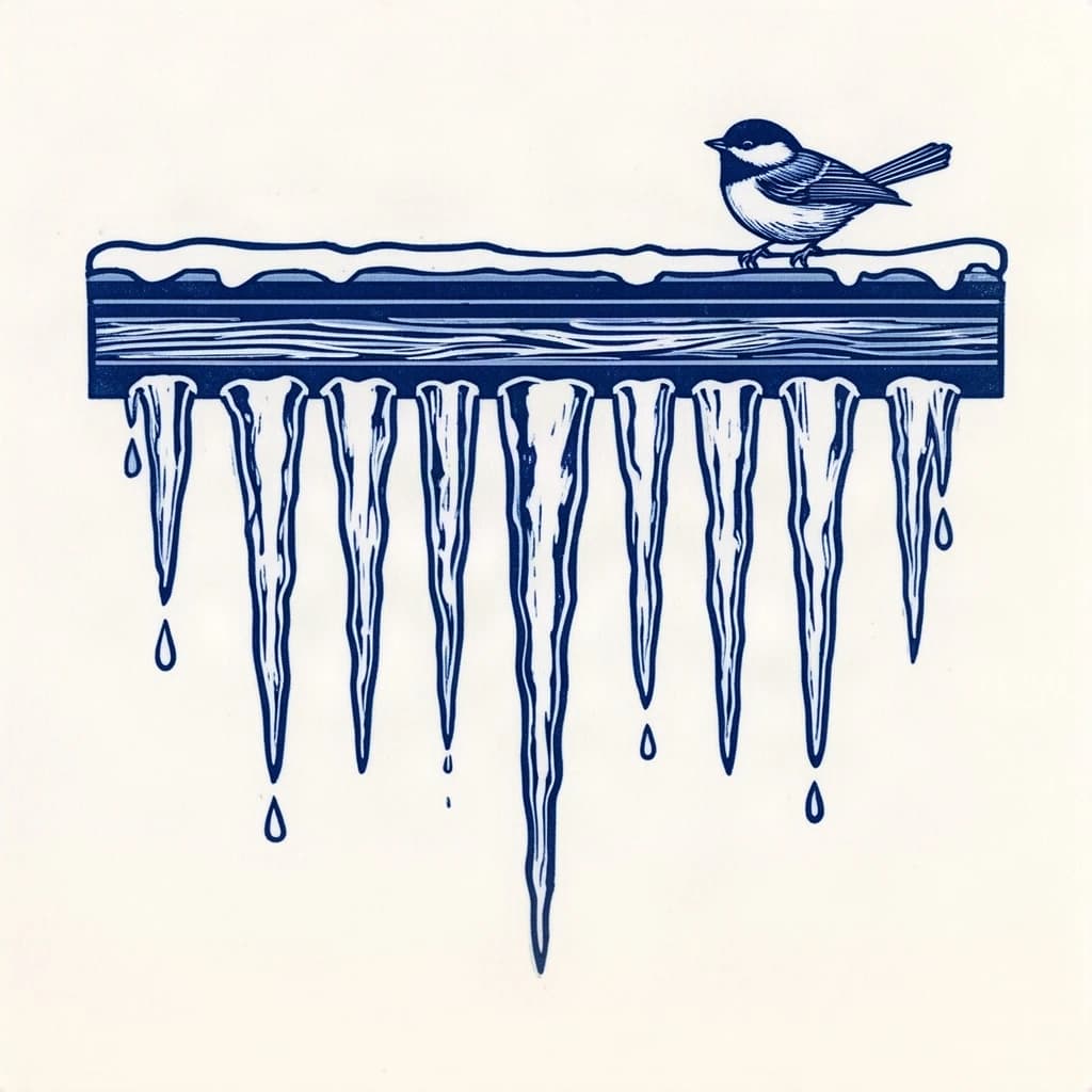 Linocut print in a single blue ink: nine icicles hanging from a cabin gutter, the longest in the middle tapering down to the shortest at each end, three of them dripping, and a chickadee perched on the gutter directly above the second icicle from the left.