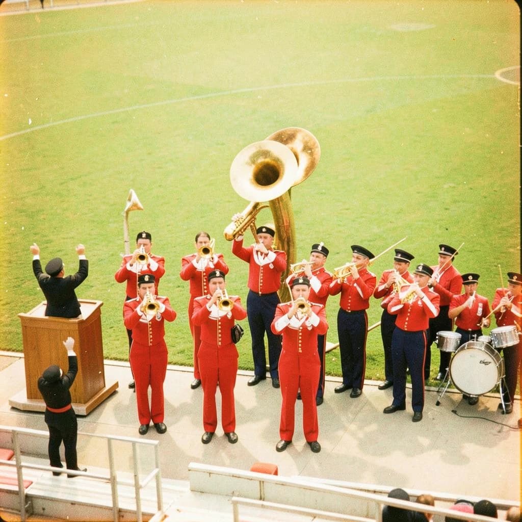 Nineteen seventies Kodachrome-era colour film look, faded warm grain and slight overexposure: a high school marching band seen from a stadium walkway. Front rank of five trumpet players in red and white uniforms, all with horns raised. Behind them three sousaphones in a triangle, the middle player caught mid turn. A line of four drummers to the right, the snare drummer nearest the camera mid stroke. A single drum major stands on a podium at the far left with his back to us, arms up. Empty green field behind them.