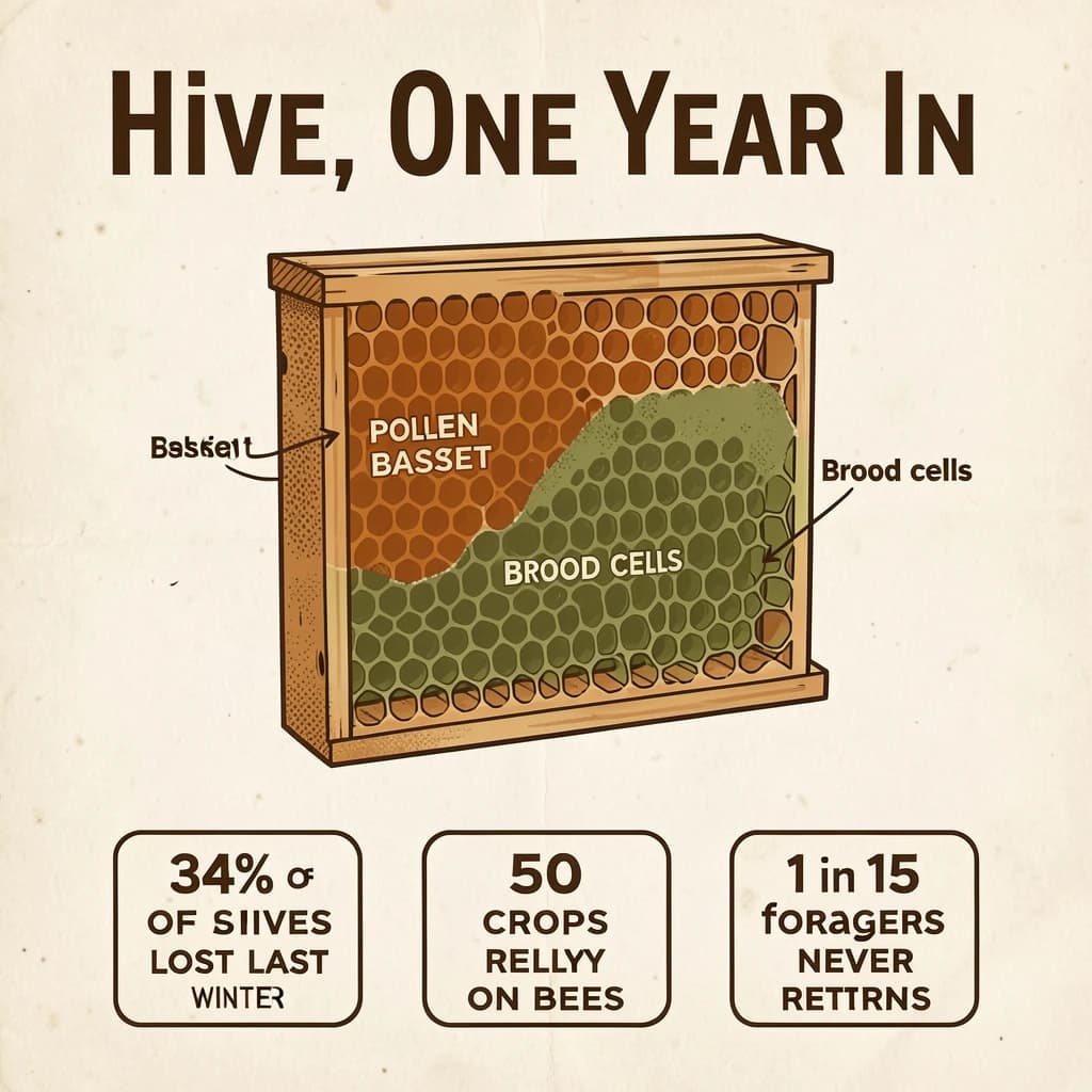 Printed poster titled "Hive, One Year In": at the center a cutaway of a hive frame, carrying two keyed regions, "Pollen basket" shaded amber and "Brood cells" shaded olive, beside a bottom row of three stat chips reading "34% of hives lost last winter", "50 crops rely on bees" and "1 in 15 foragers never returns".