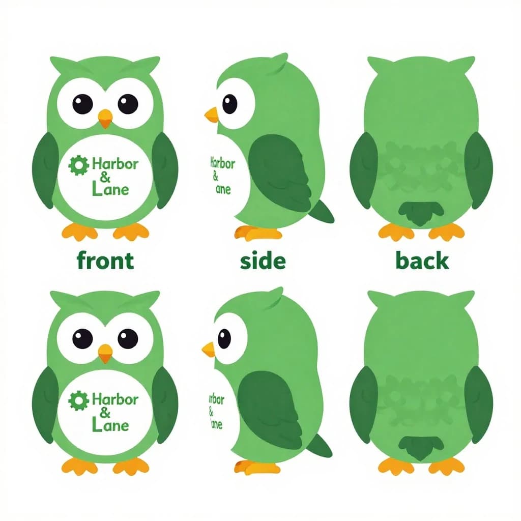 Printed poster: one bookstore owl mascot in three views. The views are captioned "front", "side" and "back" in that order. The wordmark "Harbor & Lane" appears on every view with a six-tooth gear mark beside it. The green-and-white coloring is the same across every view, and only the angle changes.