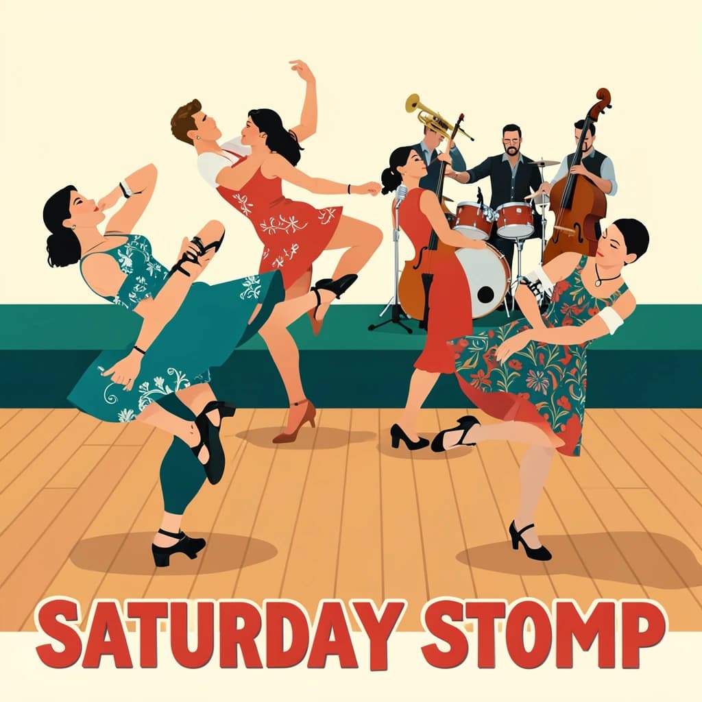 Flat design poster for a swing dance night. Four couples on a wooden floor, each caught in a different move: the front couple in a lift with the follower's feet off the ground, behind them a couple in a side by side kick, a third couple joined by one hand mid spin, and a fourth couple frozen in a dip near the back wall. All followers wear patterned dresses, all leaders wear braces and rolled sleeves. On a low stage behind them, a five piece band: two trumpets, a double bass, a drummer and a singer at a chrome microphone. Bold flat shapes, cream, teal and tomato red. "Saturday Stomp" in chunky letters along the bottom.