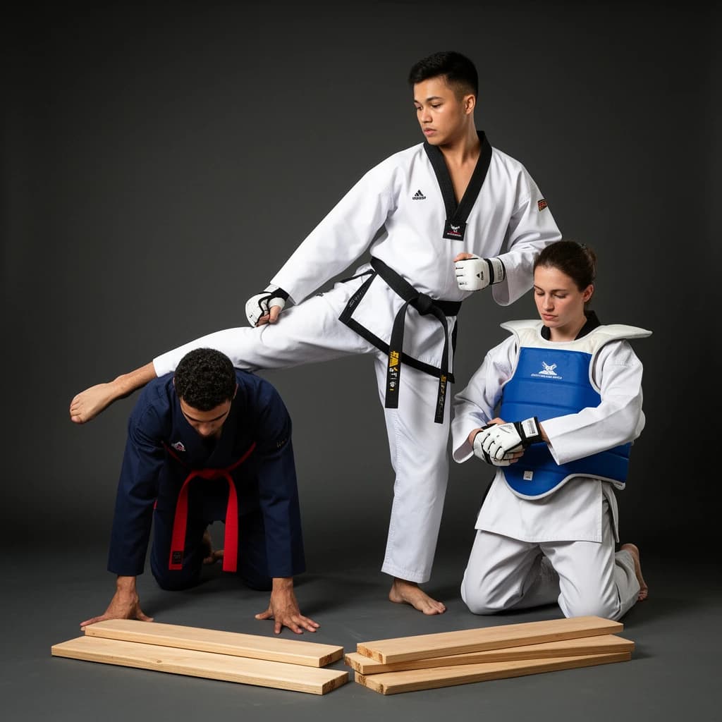 Studio photography, stunt and costume reference on a seamless charcoal backdrop, one hard key from camera left. Three taekwondo athletes in a tight diagonal: the tallest, in a white uniform with a black belt, holds a side kick frozen at chest height; the shortest, in navy with a red belt, ducks under it with both palms flat on the floor; the third kneels behind them fastening a blue chest guard onto a folded uniform. Two snapped pine boards lie at the front edge of the frame, a third board still whole in a holder's gloved hands.