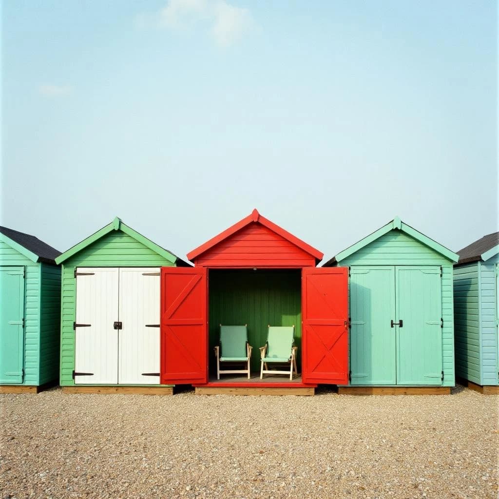 35mm film photo of seven beach huts in a row on a shingle bank. The three left huts are mint green with white doors, the middle one is red with its doors open showing two deckchairs inside, the three right huts are pale blue and shuttered.
