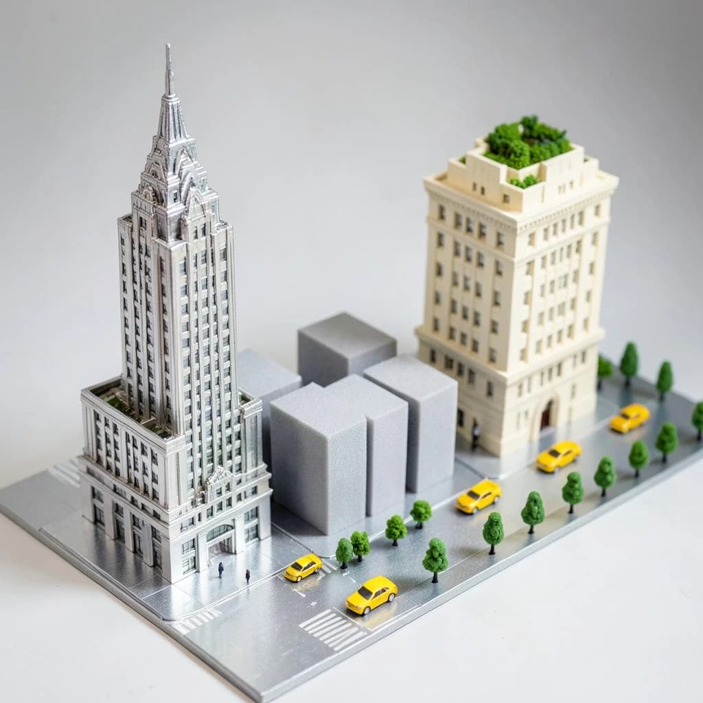 Tilt shift photograph of a hand built architectural scale model of a Midtown Manhattan block, studio lit from the upper left.
The Chrysler Building stands on the corner in polished silver card with its stepped crown and triangular windows. Directly across the street sits a proposed cream limestone tower, two floors shorter, topped by a stepped roof garden. Between them four smaller grey massing blocks in plain foam. Six tiny yellow cabs on the avenue, three stopped at the crossing and three queued behind, with a line of green model trees down the median.