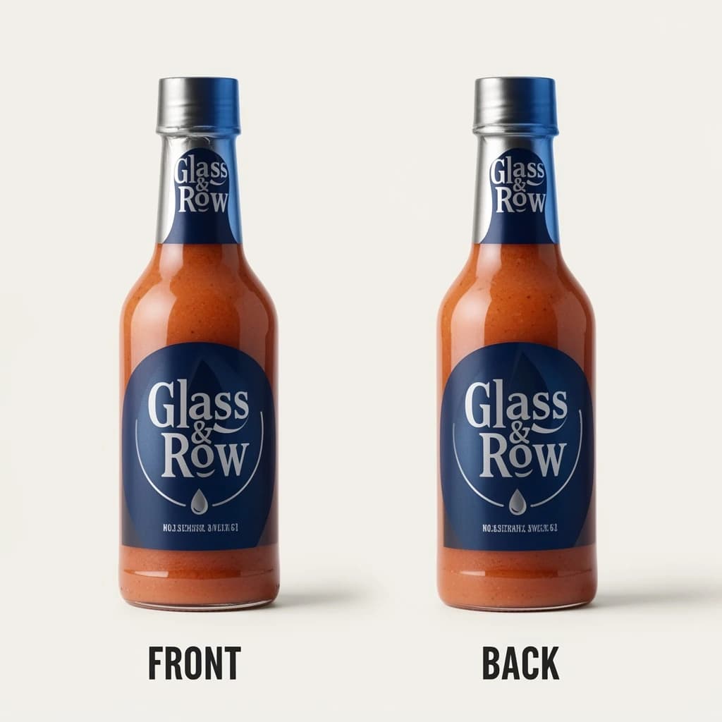 Printed poster of the same hot-sauce bottle drawn in two views, captioned "front" and "back", every view carrying the wordmark "Glass & Row" with a single droplet symbol beside it in the same blue-and-silver coloring, only the angle changing.