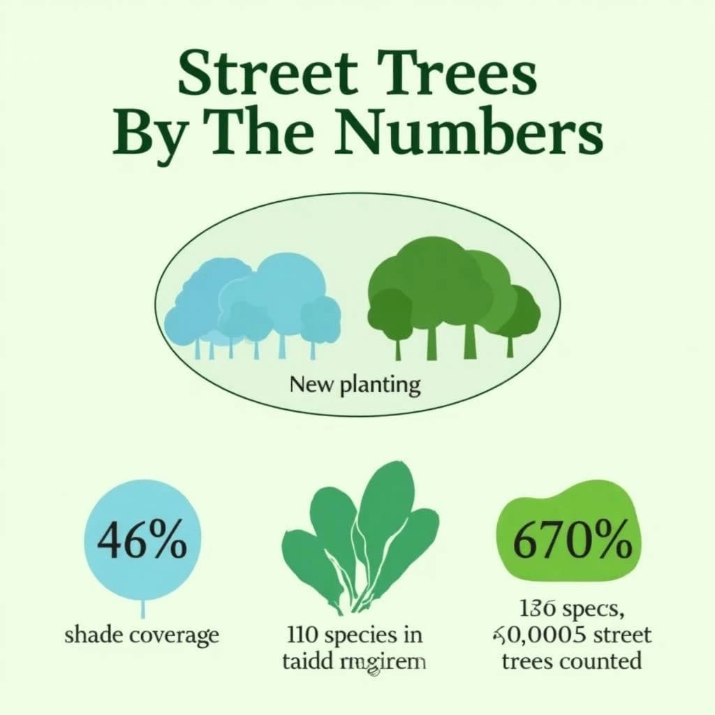 Flat infographic titled "Street Trees by the Numbers": at the center a labeled street-tree diagram, carrying two keyed regions, "New planting" shaded light blue and "Most trees" shaded dark green, beside a bottom row of three stat chips reading "44% shade coverage", "110 species in the register" and "51,000 street trees counted".
